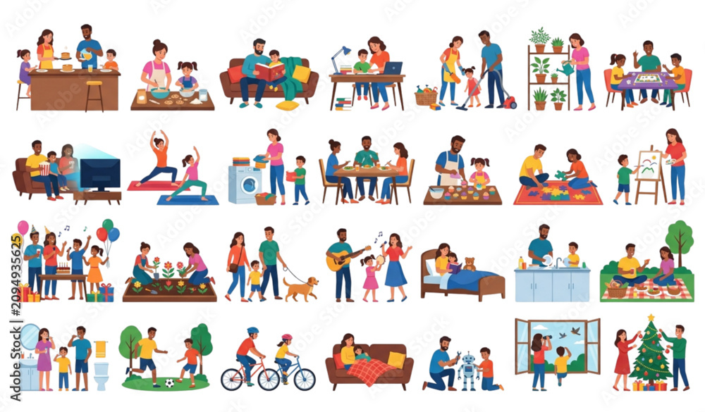 Fototapeta premium Happy Family Everyday Activities Set, Parents and Kids Indoor and Outdoor Lifestyle Flat Vector Illustration
