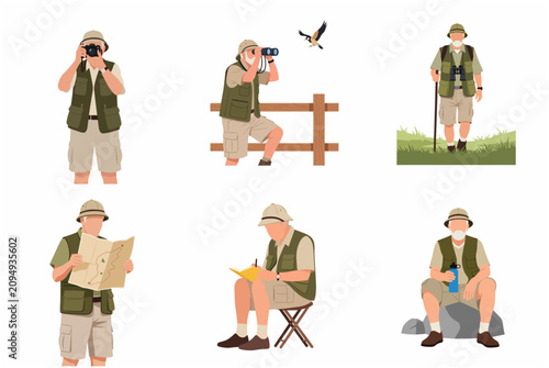 Elderly Explorer and Birdwatcher Character Set for Retirement Lifestyle and Outdoor Hobby Concepts
