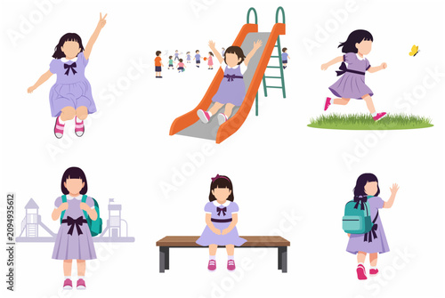 Flat vector illustration set of a little girl in a purple dress playing at the playground, running, jumping, sitting on a bench, and going to school with a backpack.