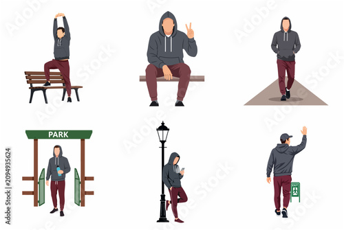 Set of flat illustrations featuring a man in a hoodie engaging in various outdoor activities such as walking, stretching, and using a phone in a park.