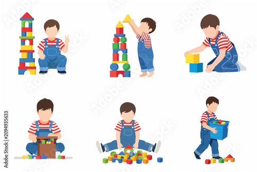 Set of cute little boy character playing with colorful building blocks isolated on white background, educational toys and child development vector illustration