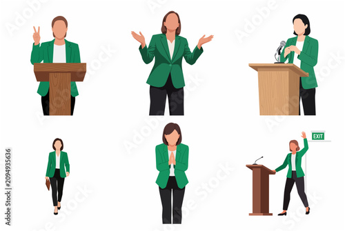 Set of illustrations featuring a professional woman or politician in a green blazer giving a speech at a podium and gesturing in various poses