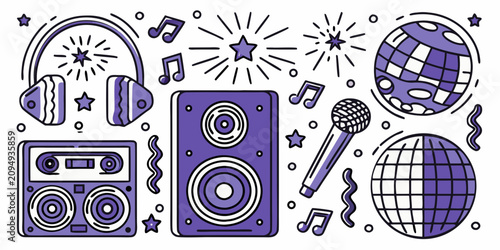 Obraz na plátně Nightclub Equipment And Musical Notes Purple Vector Illustration