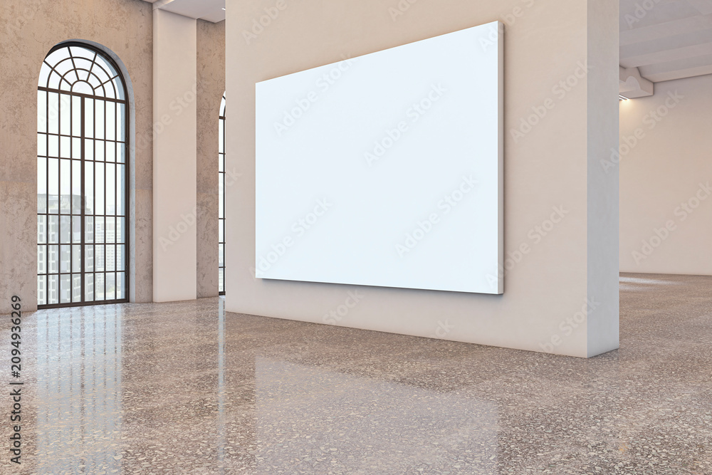 Obraz premium Blank white poster mockup on beige wall in empty gallery interior with tall arched windows, city view and polished stone floor with reflections. 3D Rendering