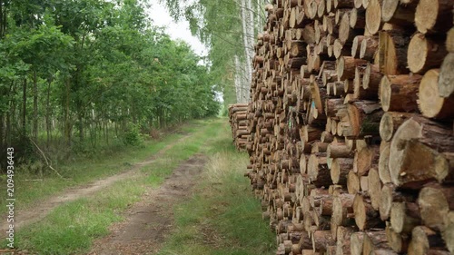 Massive stacked wooden logs lie along a dirt road in a green summer forest. This large timber pile represents raw wood production and the forestry industry. Heavy tree trunks await transport.
