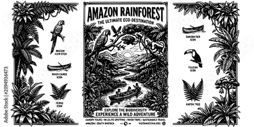 Amazon Rainforest Travel Botanical Etch Black White-Canopy Bird Tributary River-Eco Destination Vector-Amazon Icon Etch-Travel Poster Design Set