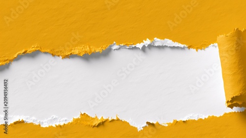 torn yellow paper background, a vivid yellow paper sheet torn horizontally across the middle, space for text, right side rolled paper curl. 