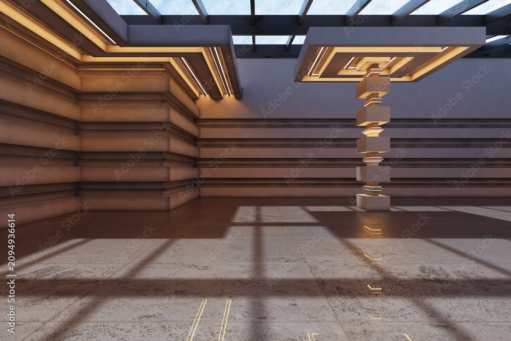 Obraz premium Empty hall in art deco style with stepped stone walls, ornamental column, glass roof against blue sky and warm illumination on ledges. 3D Rendering