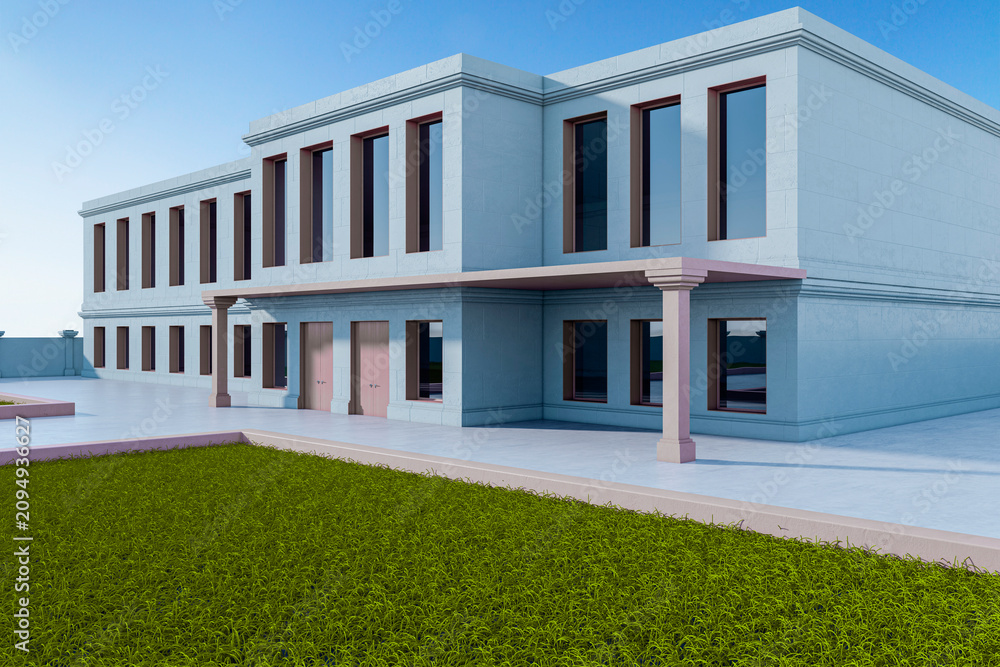 Obraz premium Exterior of two story classical building with columns, porch and pink doors, green lawn and tiled walkway under clear blue sky. 3D Rendering