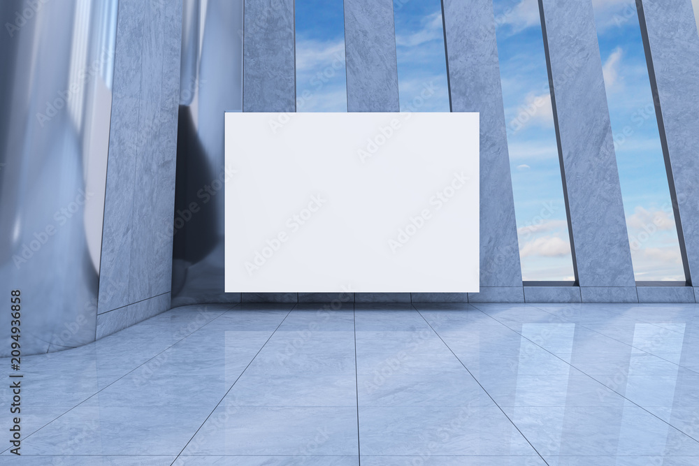 Obraz premium Blank white poster mockup standing on glossy marble tile floor in futuristic hall with slanted concrete columns and blue sky between them. 3D Rendering