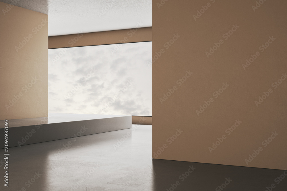 Naklejka premium Spacious empty interior in warm beige tones with blank wall, low stone platform and large window revealing cloudy sky view. 3D Rendering