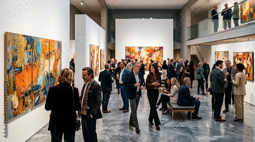 Elegant people socializing at a modern art gallery opening event