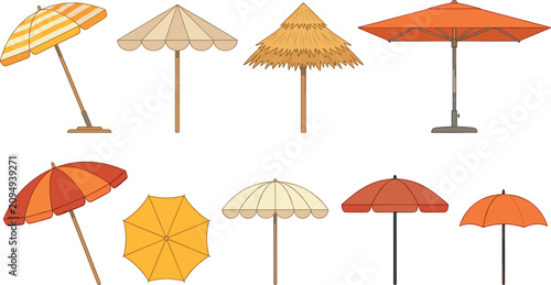 Foto Beach umbrella vector set with various summer sunshades parasols and straw patio