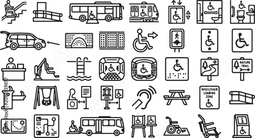Set of accessibility and disability icons for public transport and buildings