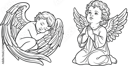 Φωτογραφία Vintage Line Art Cherub Angel Vector Set Featuring Cute Sleeping Little Angel an