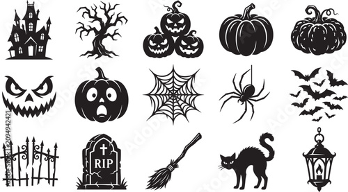 Bild auf Leinwand Halloween silhouette element set scary haunted house spooky pumpkin faces bats s