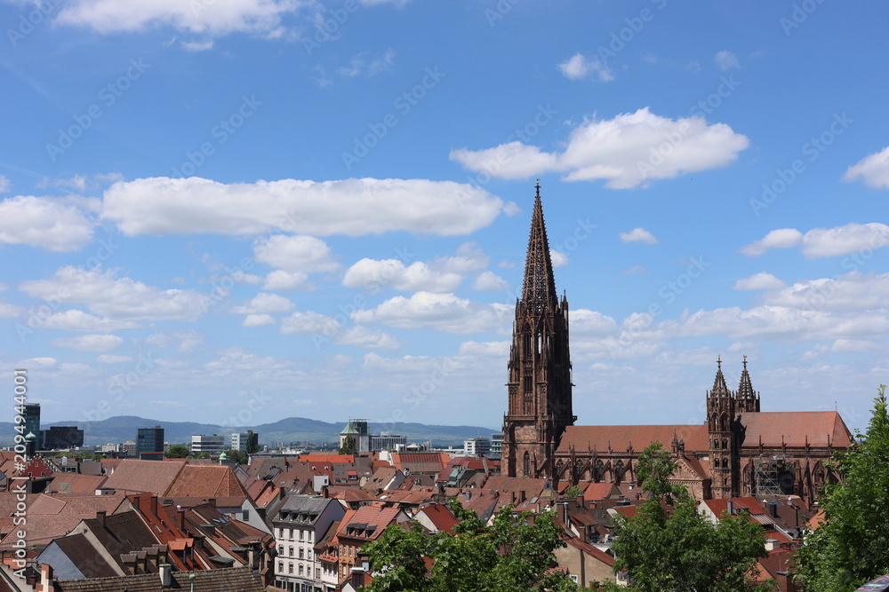 Fototapeta premium Der Münsterturm über Dächern in der Altstadt von Freiburg