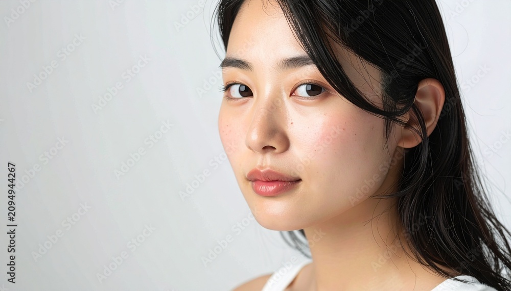 Naklejka premium オーガニックスキンケアイメージ・敏感肌の日本人女性のナチュラルビューティーポートレート（オフホワイト・コピースペースあり）, Japanese Woman Sensitive Skin Organic Natural Skincare Portrait Off-White Background Copy Space