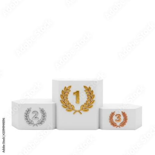 Three white podiums with laurel wreaths and numbers on a white background.