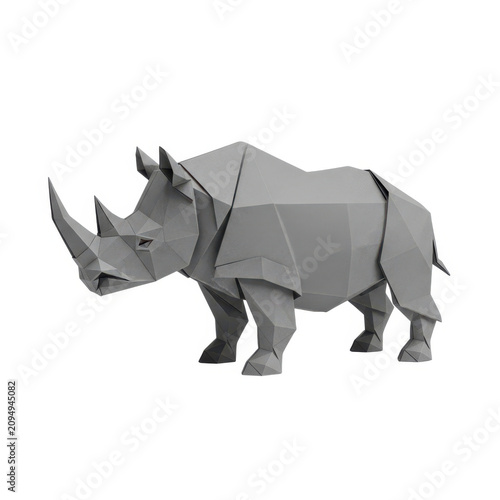 A gray origami rhinoceros sculpture with a white background.