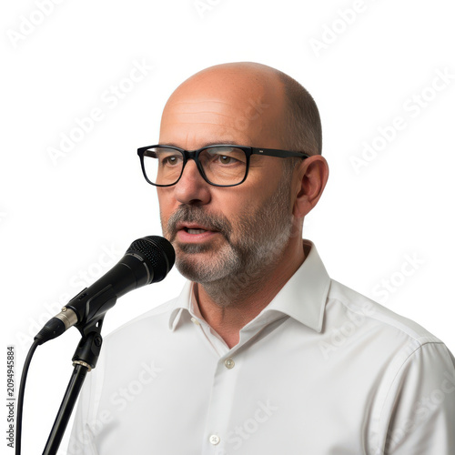 A man with a bald head and glasses speaking into a microphone.