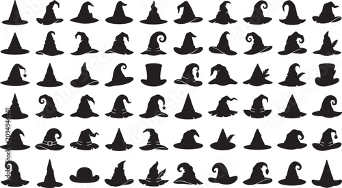 Photos Witch hat silhouette set scary halloween wizard sorcerer headwear elements colle