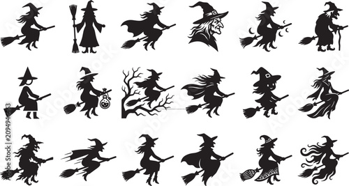 Foto Witch flying on broomstick silhouette set spooky halloween old hag character ele