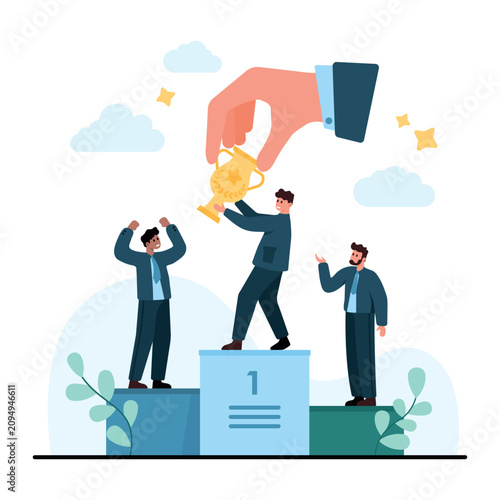 Business people on winners podium receive trophy from giant hand, showing best employee recognition, workplace success, achievement office competition isolated on white background vector illustration