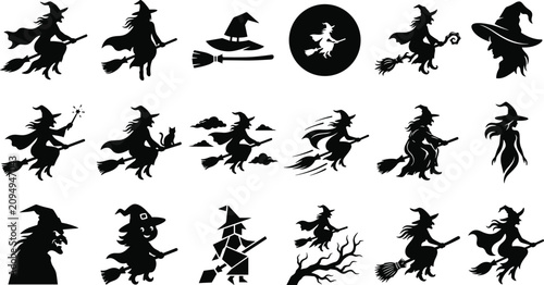 Fotografie Witch flying on broom silhouette set scary halloween spooky wizard character ico