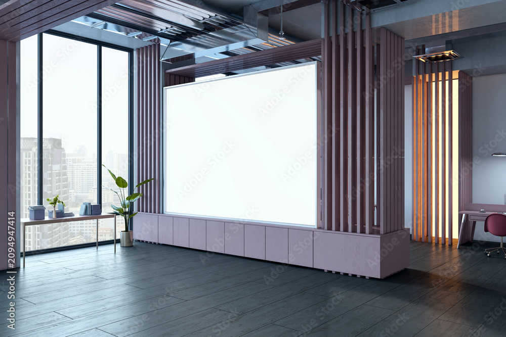 Obraz premium Wide blank presentation screen mockup between wooden slat columns in contemporary office interior with city view windows. 3D Rendering