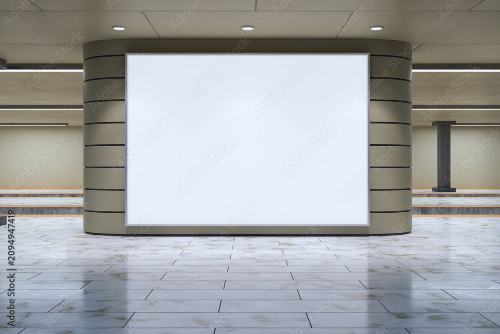 Obraz premium Blank white advertising billboard mockup on curved wall in modern metro station interior with tiled floor for public transport ad design. 3D Rendering