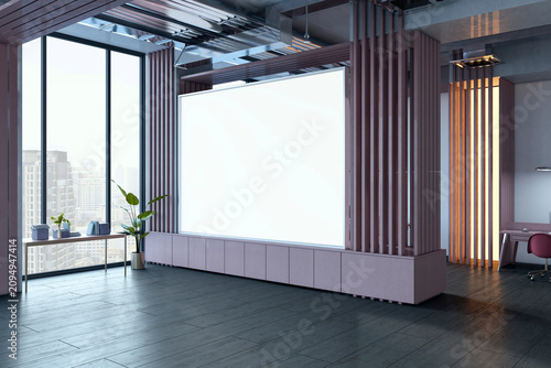Wide blank presentation screen mockup between wooden slat columns in contemporary office interior with city view windows. 3D Rendering