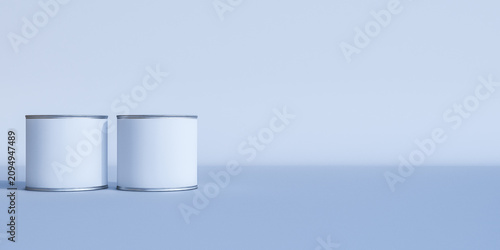 Two white paint cans mockup without labels standing on pale blue banner backg...