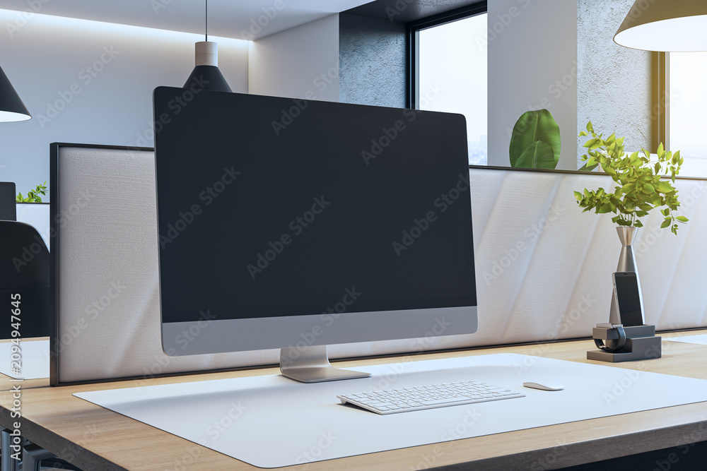 Fototapeta premium Blank black computer monitor mockup on wooden desk with white keyboard and green plant in modern office interior with panoramic windows. 3D Rendering