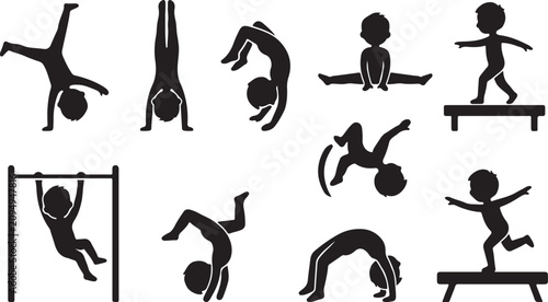 Set of black silhouette showing children performing gymnastics, including handstands, cartwheels, bridge, and balance beam exercises