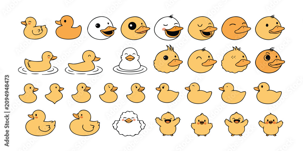 Fototapeta premium Adorable yellow rubber ducks in different styles and emotions, fun and playful bath toys