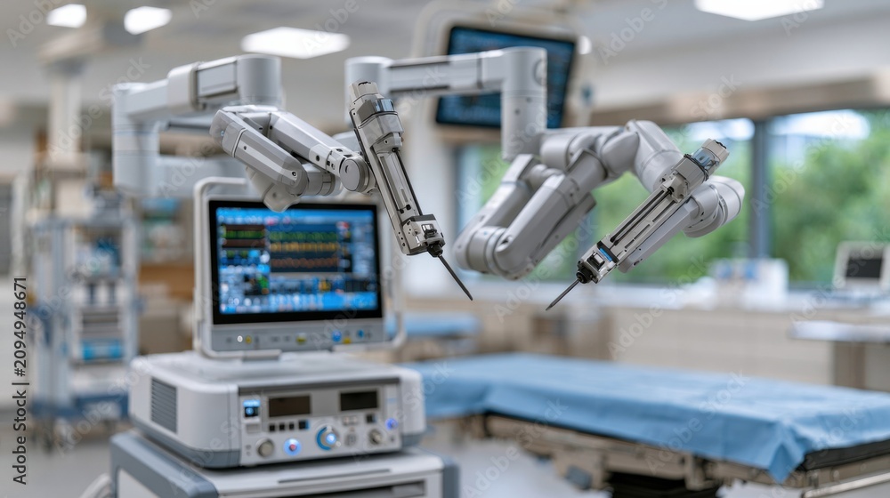 Fototapeta premium Robotic surgical system with articulated arms and monitor positioned in a modern operating room featuring sterile environment and surgical table