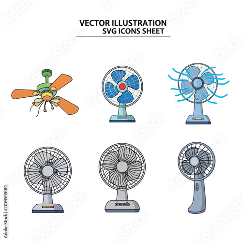 Electric fan icon set featuring ceiling and desk models