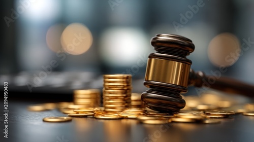 Gavel and golden coins on transparent background
