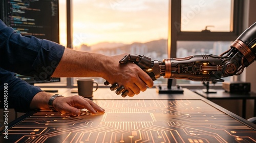Human and Robot Hands Engaged in a Business Handshake, AI Integration