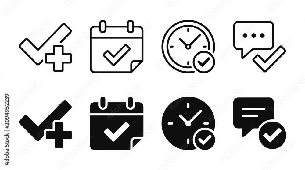 Fototapeta premium Checkmark and done task symbols icon collection with checkmark calendar business complete schedule notification