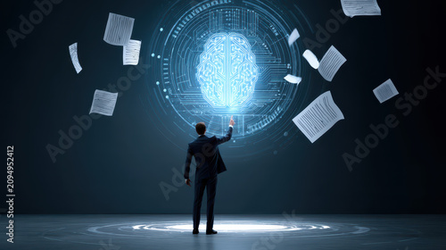 Glowing AI Technology and Circuit Board Pattern Interacted By Man