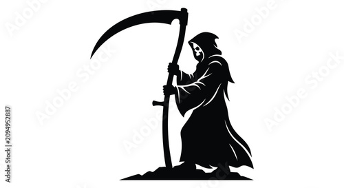 Photos Grim reaper with scythe dark figure on white background silhouette