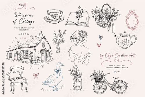 Whimsical Cottagecore Vintage Sketch Collection Romantic Hand Drawn Vector Illustrations with Cottage, Goose, Bicycle, Floral Basket and Cozy Home Decor