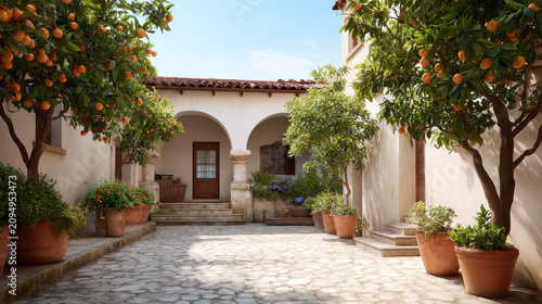 Blooming Citrus Trees in Beautiful Mediterranean Courtyard