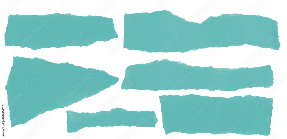 Fototapeta premium Teal torn paper strips with rough edges isolated PNG