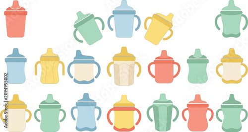 Fotografie Assorted baby sippy cups with handles in various pastel colors, isolated vector set for infant feeding products