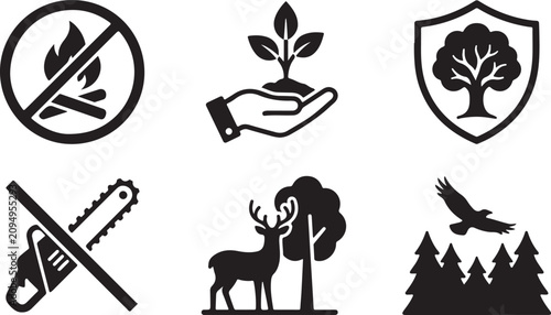 Set of six environmental protection icons with tree, deer, and forest symbols Vector