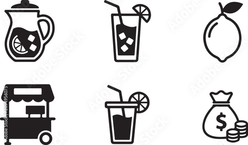 Black and white lemonade icons set with pitcher, glass, lemon, cart and money bag Vector