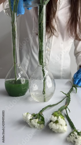 A skilled individual blends vibrant green solutions in glass flasks while preparing to immerse floral stems in enchanting colors, showcasing creativity and precision.